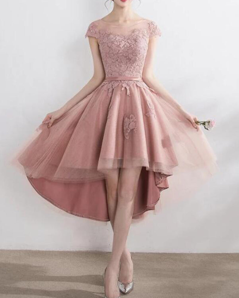 Rose Pink Cap Sleeves Junior Girls Lace Prom Dress High Low 8th Grade Siaoryne Rose Pink Cap Sleeves Junior Girls Lace Prom Dress High Low 8th Grade Siaoryne