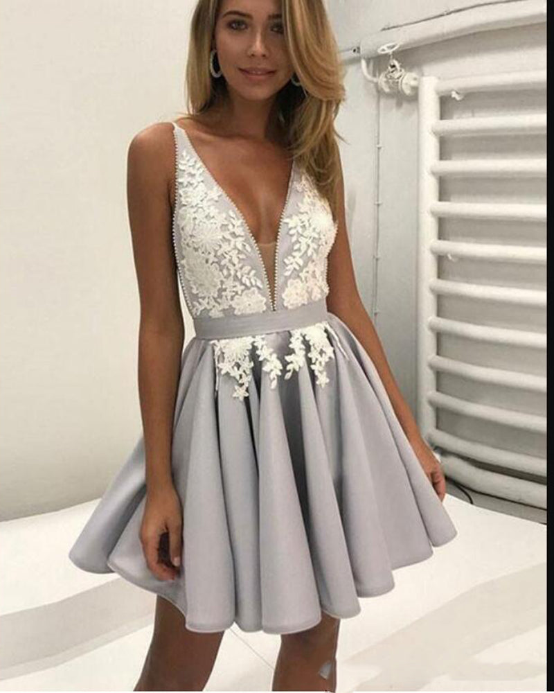 Elegant V-Neck Backless Short Gray Lace Prom Dress for Graduation Homecoming