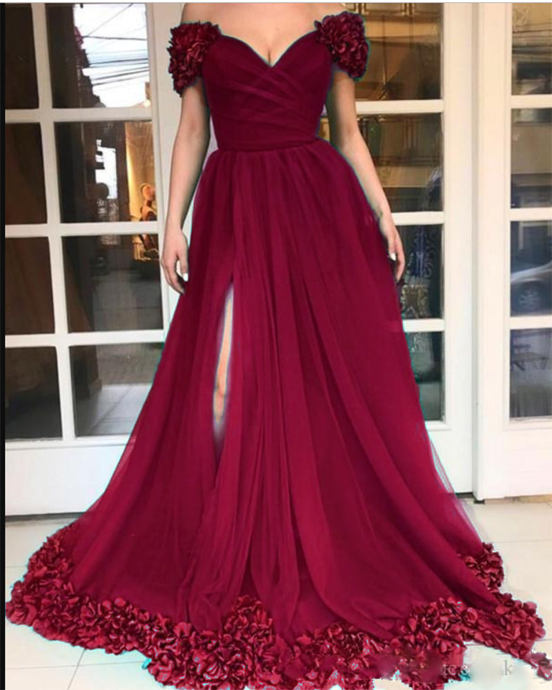 Vestido largo de noche con abertura y hombros descubiertos para mujer, con flores hechas a mano en 3D, trajes formales