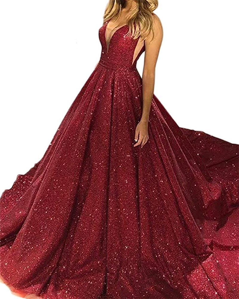 Gorgeous Burgundy /Rose Gold Sequined Prom Formal Dresses 2022 V Neck Sparkling Sequin A-line Backless Prom Party Dresses Robe De Soiree LP1221
