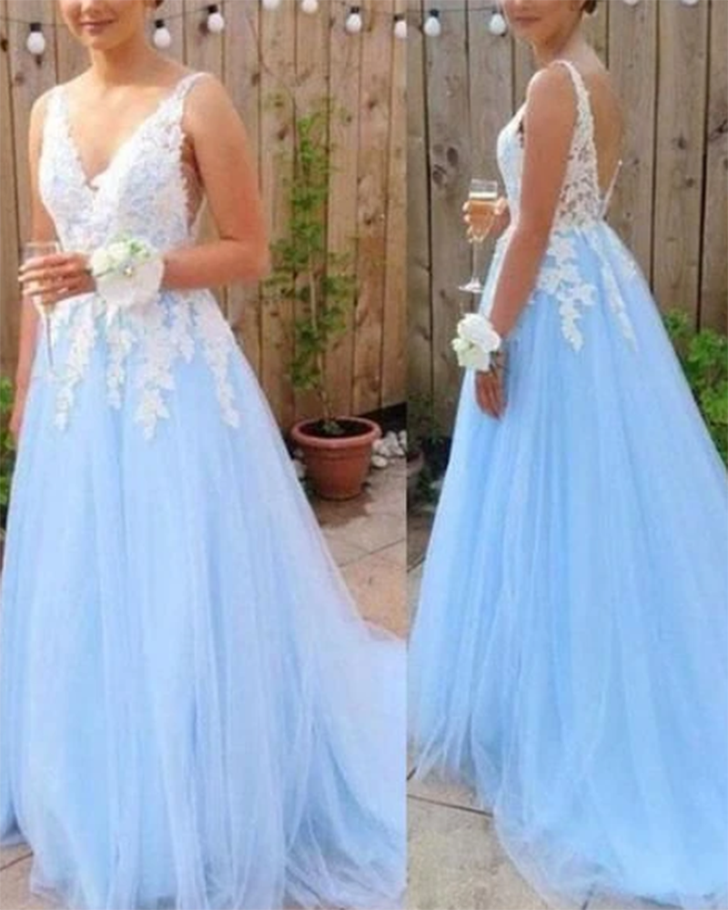 Light blue Open Back Long Prom Dress With Applique, Popular Tulle Even Siaoryne Light blue Open Back Long Prom Dress With Applique, Popular Tulle Even Siaoryne