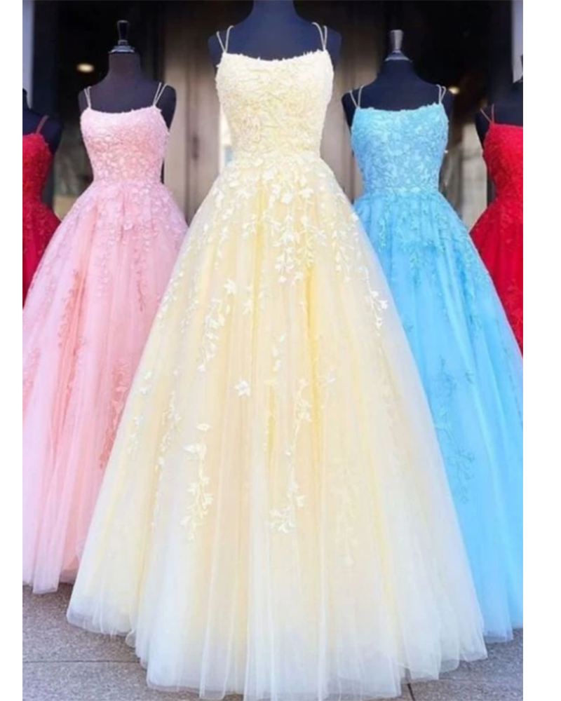 Elegantes vestidos de fiesta de encaje amarillo con tirantes finos y largos para niñas graduadas 2022 PL8714