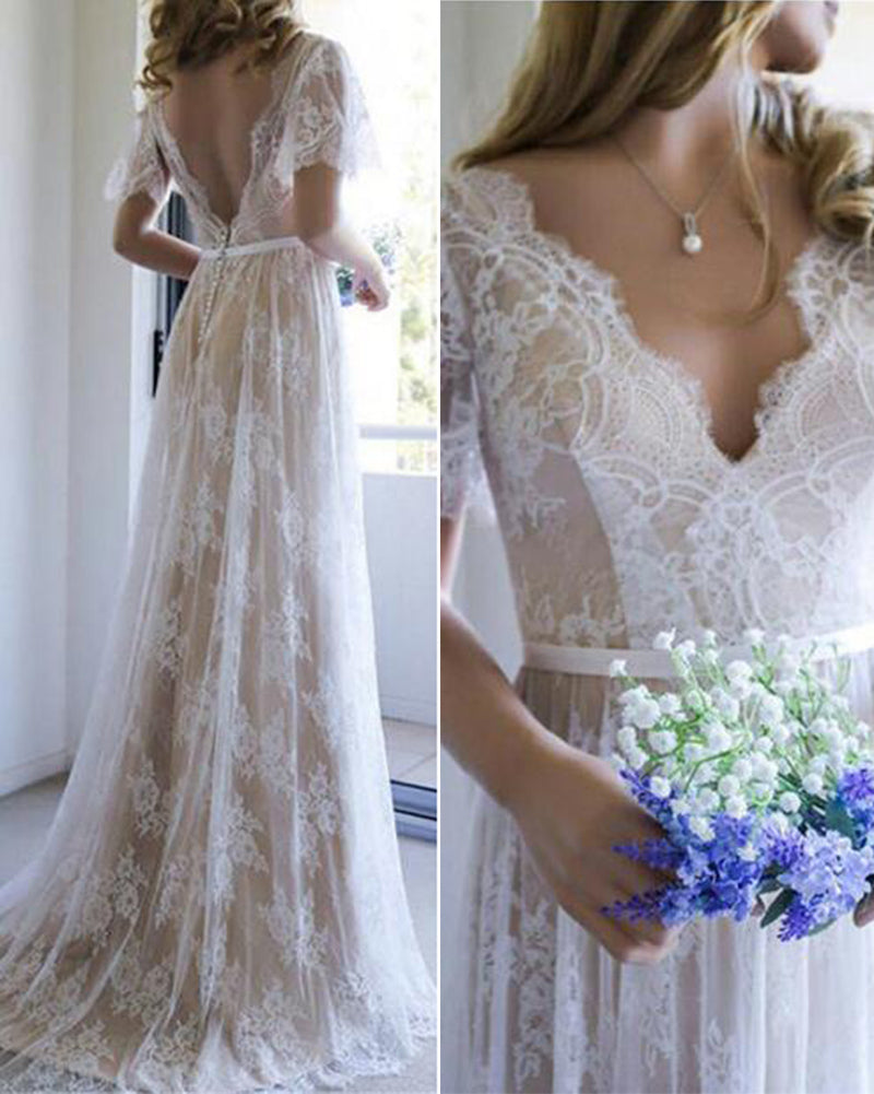 Elegant V Neck Boho Summer Cap Sleeves Lace Wedding Dresses Beach Brid –  Siaoryne