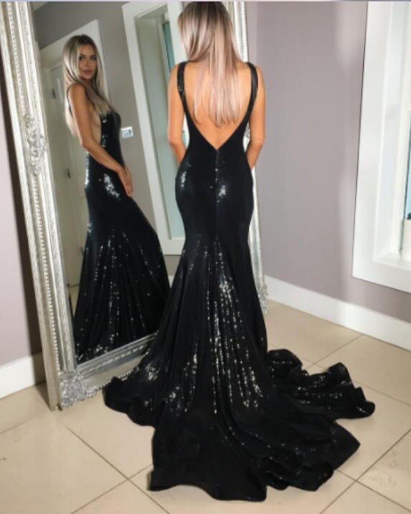 strapless open back dress Bling Bling Black Sequins Women Formal Mermaid Evening Gowns Party Lon –  Siaoryne