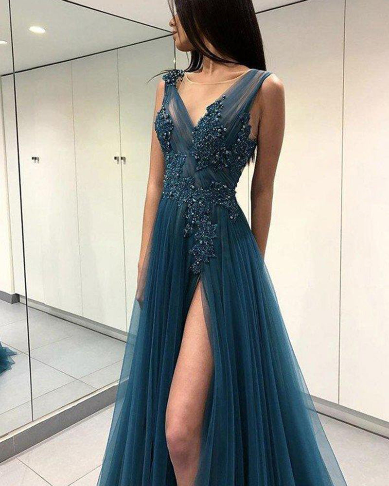 knee length dresses for ladies Teal Blue Tulle Lace Slit Formal Evening Gowns for Women Long Formal D –  Siaoryne