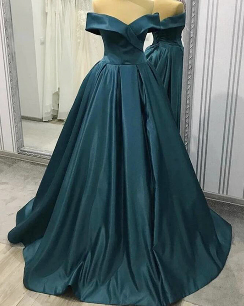 Elegante vestido de noche largo de satén con escote en A en azul verdoso y hombros descubiertos PL0621