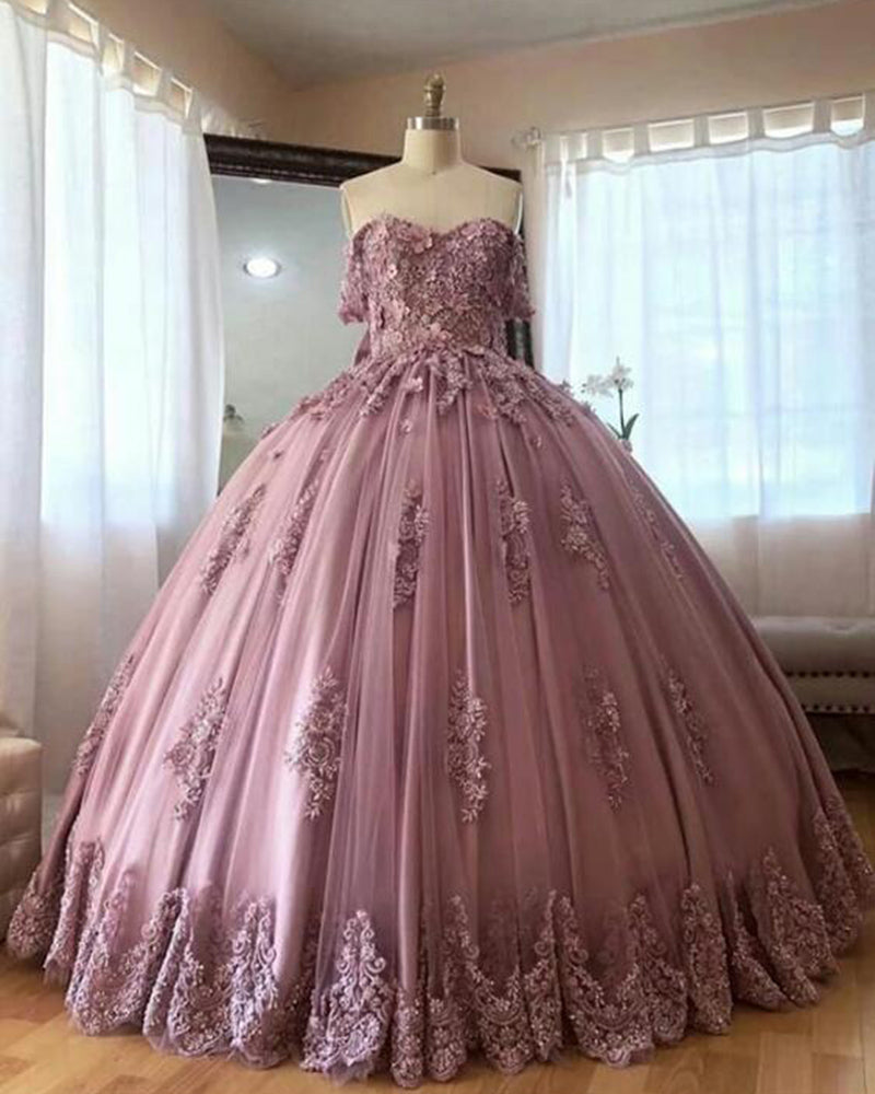 Dusty Pink Ball Gowns,Off Shoulder Lace Prom Quinceanea Dress,Women Coloful Wedding Gown PL0713