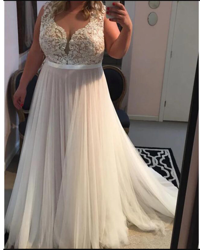Elegante vestido de novia sencillo de tul con encaje en forma de A para mujer, vestido de novia de talla grande, hecho a medida WD06221
