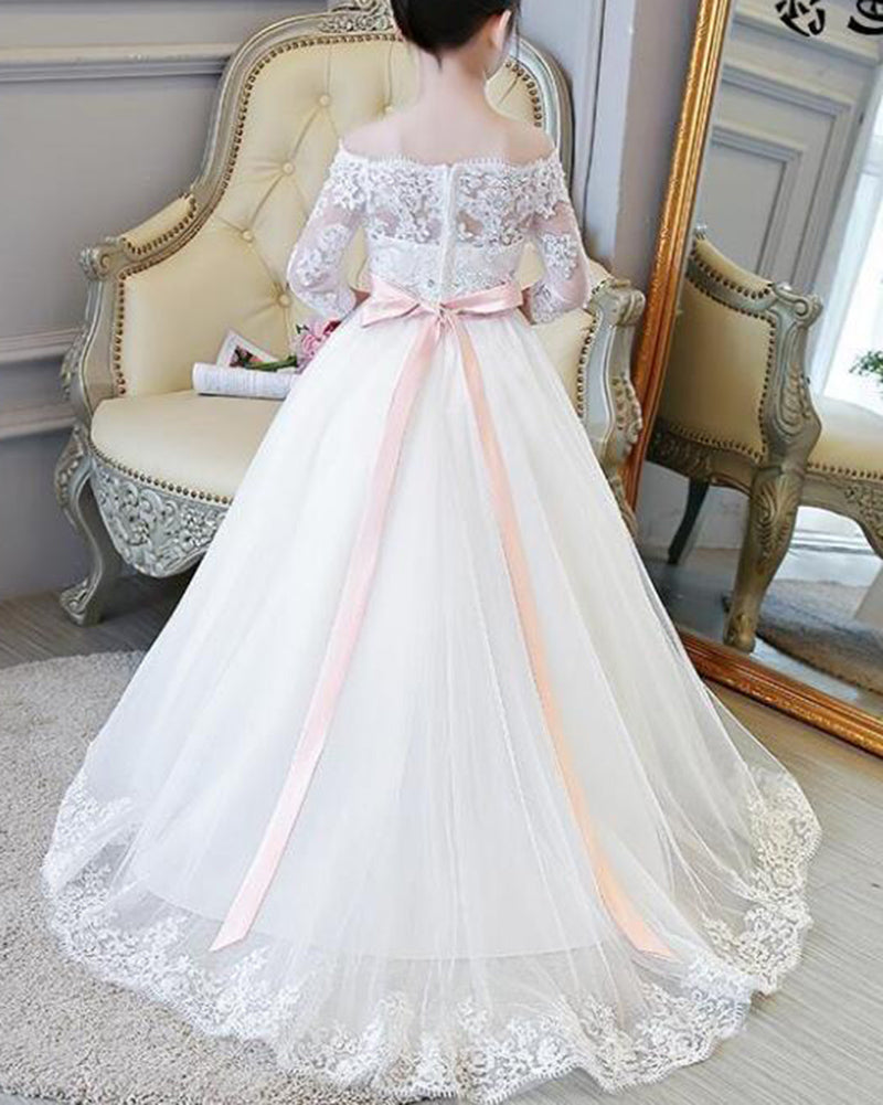 LP2695 Off the Shoulder Lace Flower Girl Dress Long Sleeves Little Gir –  Siaoryne