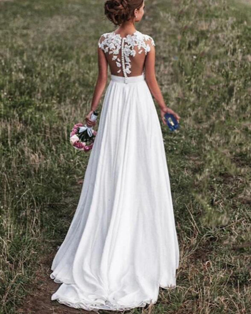 Ivory Lace Nude Mesh Chiffon Summer Bridal Wedding Dress with Slit WD0 Siaoryne Ivory Lace Nude Mesh Chiffon Summer Bridal Wedding Dress with Slit WD0 Siaoryne