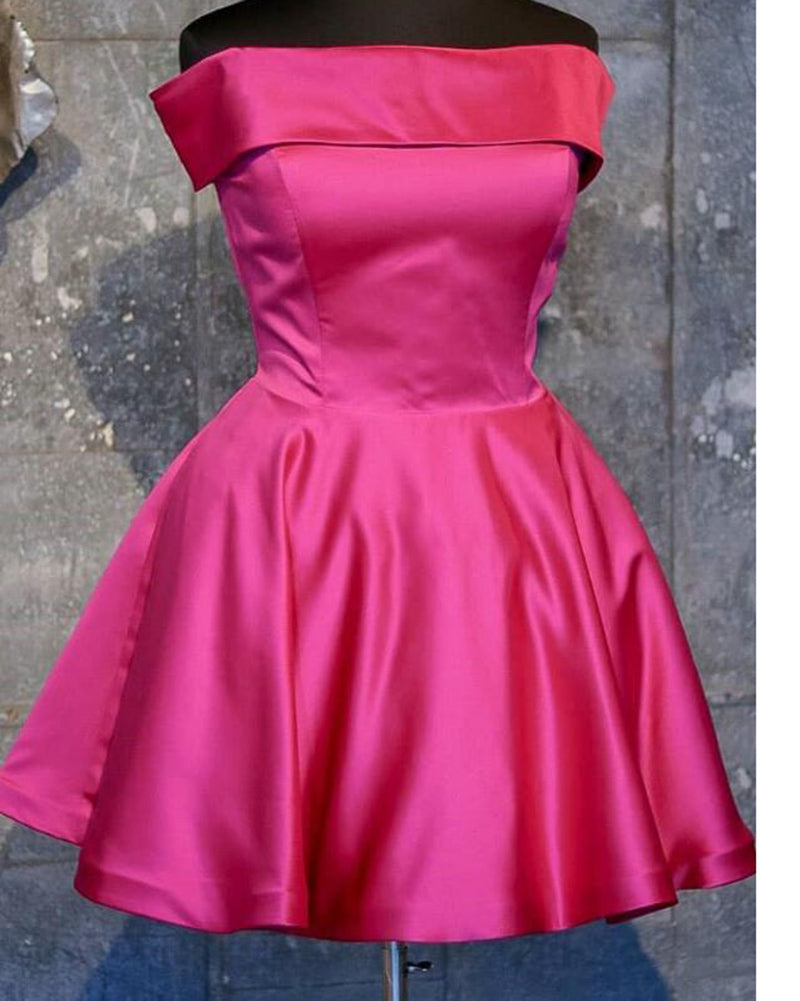 Vestido de cóctel corto fucsia rosa fuerte, vestido de graduación de satén con hombros descubiertos y corte en A SP0728