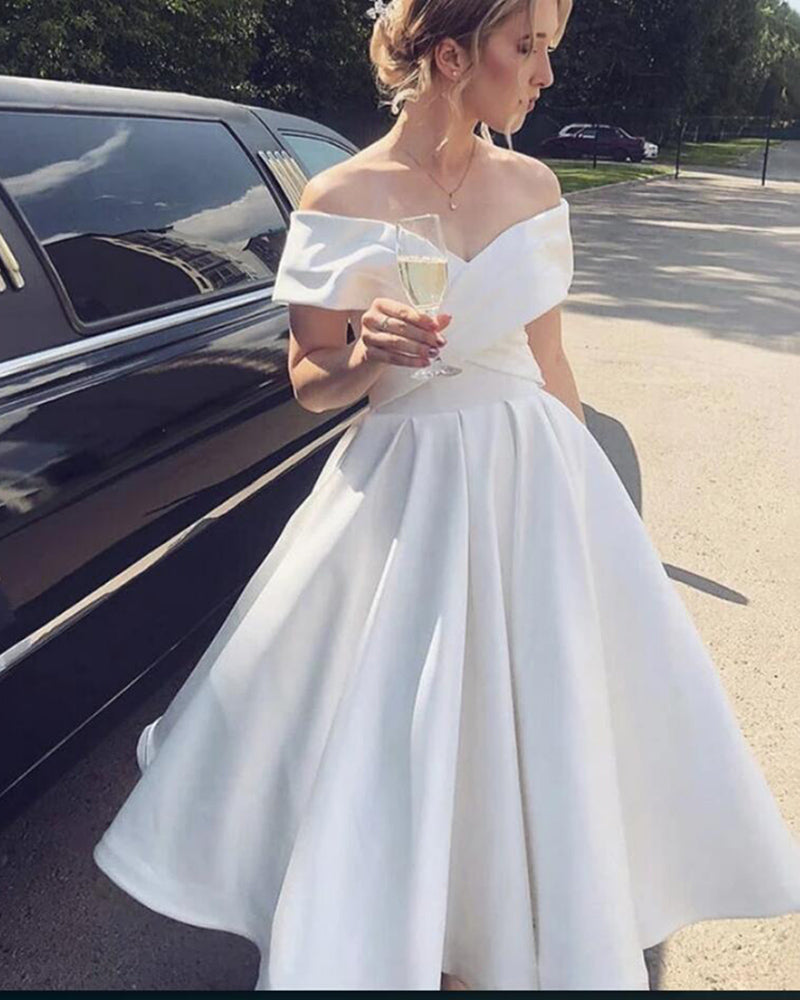 Satin A Line Off the shoulder Ivory/White Short Wedding Gown Party Dre – Siaoryne Satin A Line Off the shoulder Ivory/White Short Wedding Gown Party Dre – Siaoryne