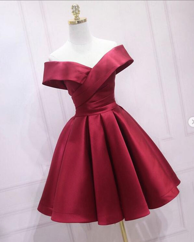 Burgundy Short Prom Dress ,Off Shoulder Satin A Line Short Graduation Homecoming Dress SP09013