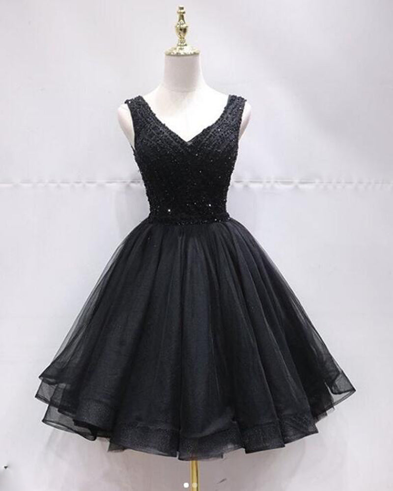 open lace back dress V Neck Tulle Beaded Black Short Homecoming Cocktail Gown Short Prom Dr –  Siaoryne