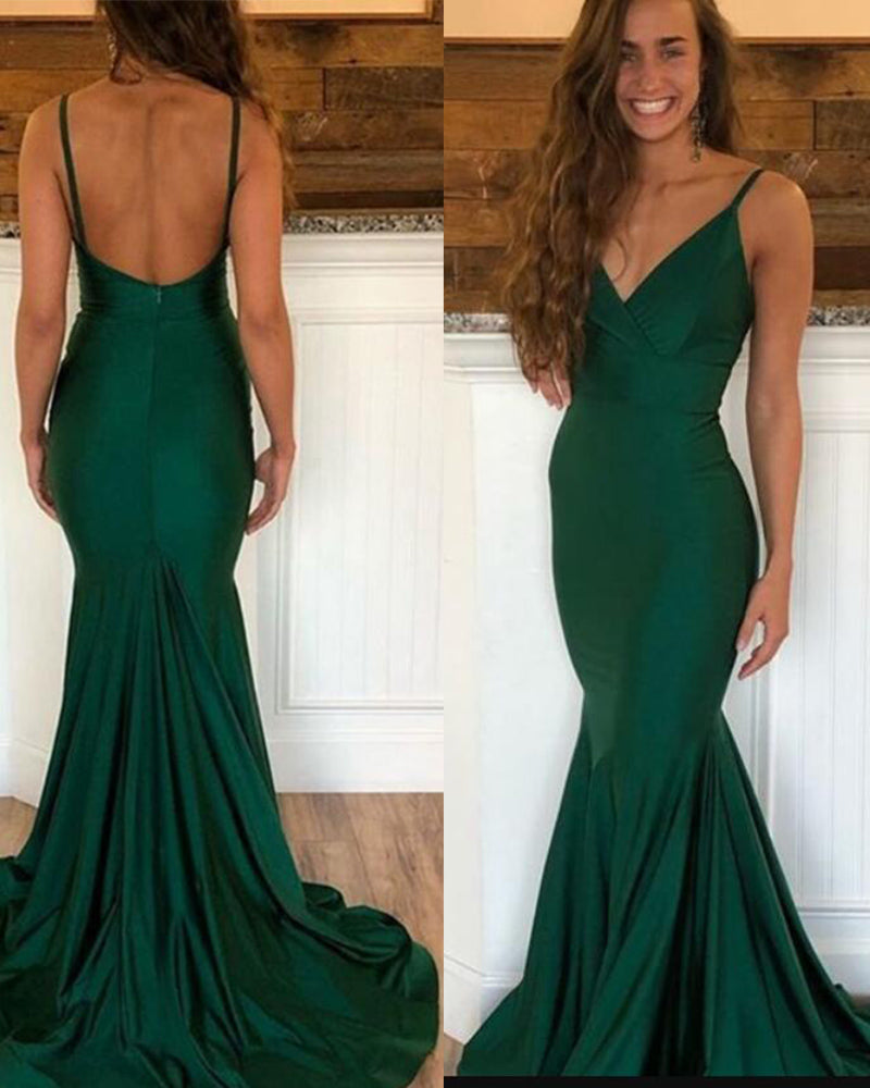 Vestido de fiesta de sirena ajustado de color verde oscuro con tirantes finos y largo PL0919