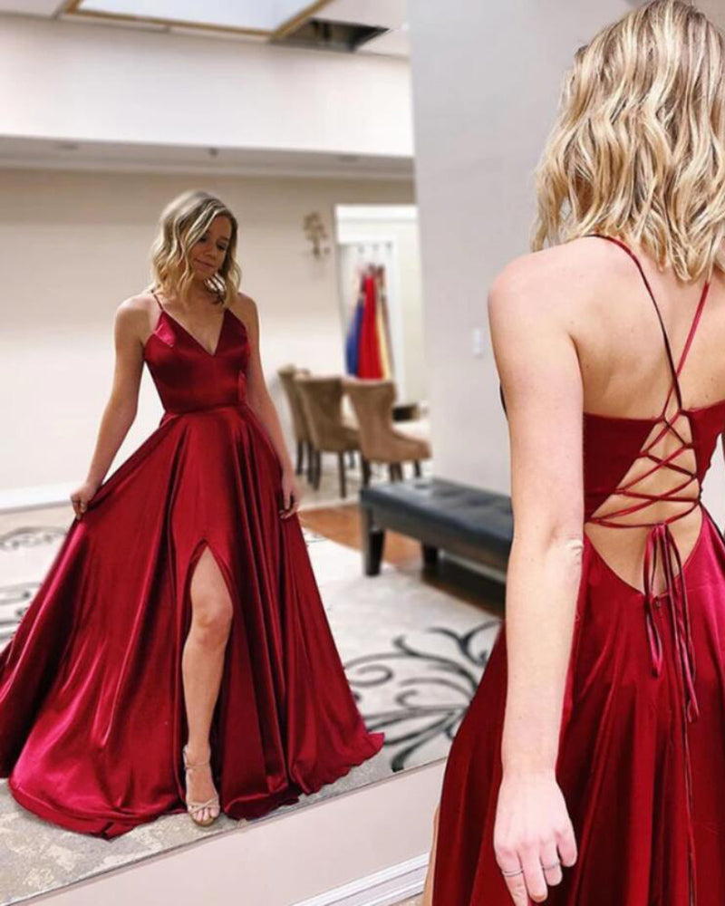 New Slit abendkleider Red Prom Dress Long Prom Dresses with Spaghetti Straps Online PL0919PL