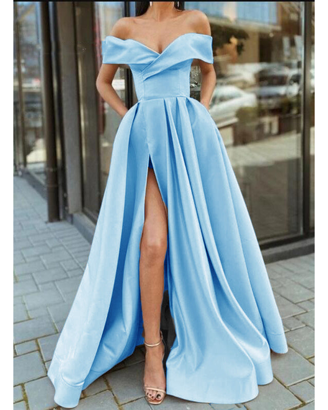 Gorgeous Off Shoulder Cap Sleeves Floor Length Long Split Satin Pocketed Ice Blue Prom Dress ,Formal Graduation Long Dress PL01114