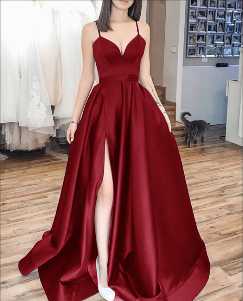 Charming Spaghetti Straps Dark Red Prom Long Dress with Splits,Formal Siaoryne Charming Spaghetti Straps Dark Red Prom Long Dress with Splits,Formal Siaoryne