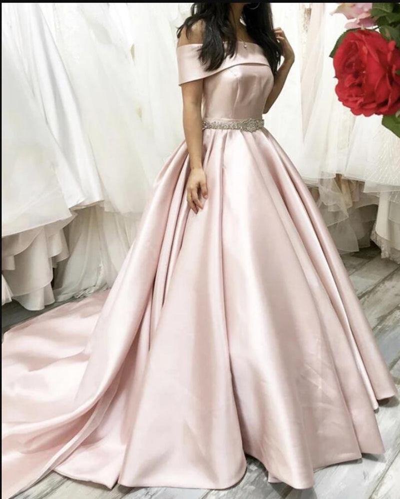 Elegante vestido de novia de color rosa pálido con hombros descubiertos, vestido de fiesta formal para mujer PL10212