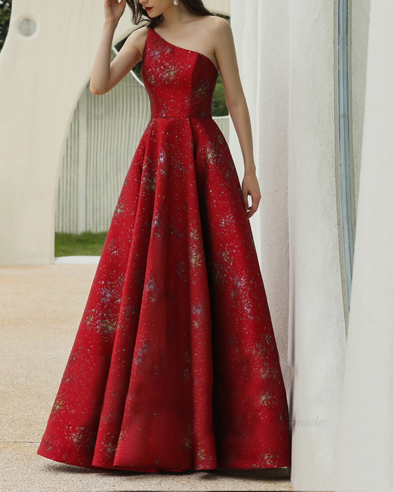 New Style Sexy One Shoulder New Year Christmas Red Evening Party Dress Floor Length Prom Gown PL01102