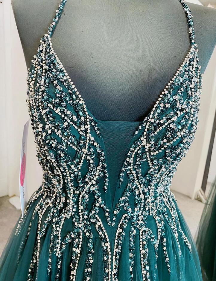 Green Halter Tulle and Beading Crystal Girls  Party Prom Dress Long Formal Wear PL012153