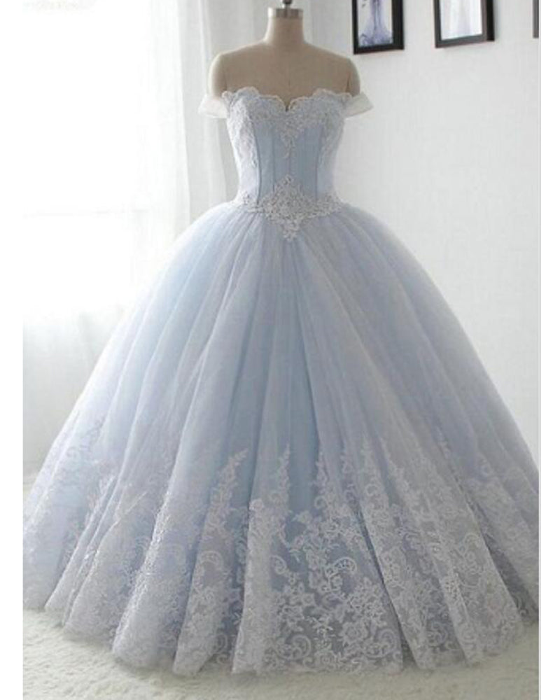 Princess Beautiful Off the Shoulder Lace Applqied Ball Gown Light Blue –  Siaoryne
