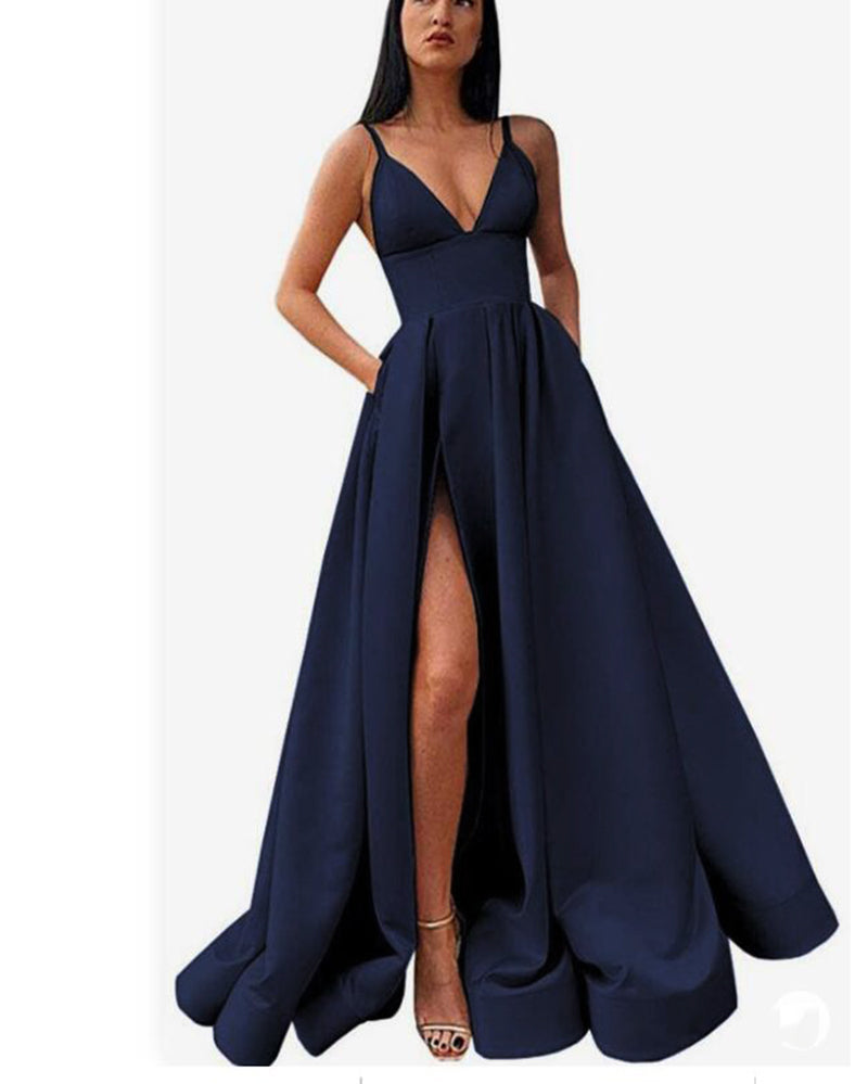 Robe longue sexy en satin à fente haute et col en V bleu marine avec poches PL10107