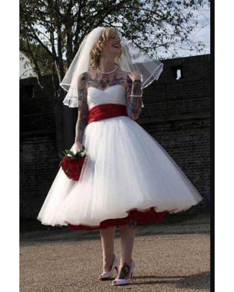 Red and White 1950s Short Wedding Dress,Tea Length Wedding Dress,Strap Siaoryne Red and White 1950s Short Wedding Dress,Tea Length Wedding Dress,Strap Siaoryne