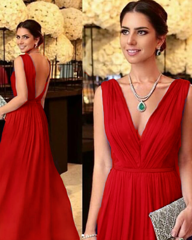 Sex V Neck Chiffon Pleated Formal Evening Red Long Party Dress PL10128 Siaoryne Sex V Neck Chiffon Pleated Formal Evening Red Long Party Dress PL10128 Siaoryne