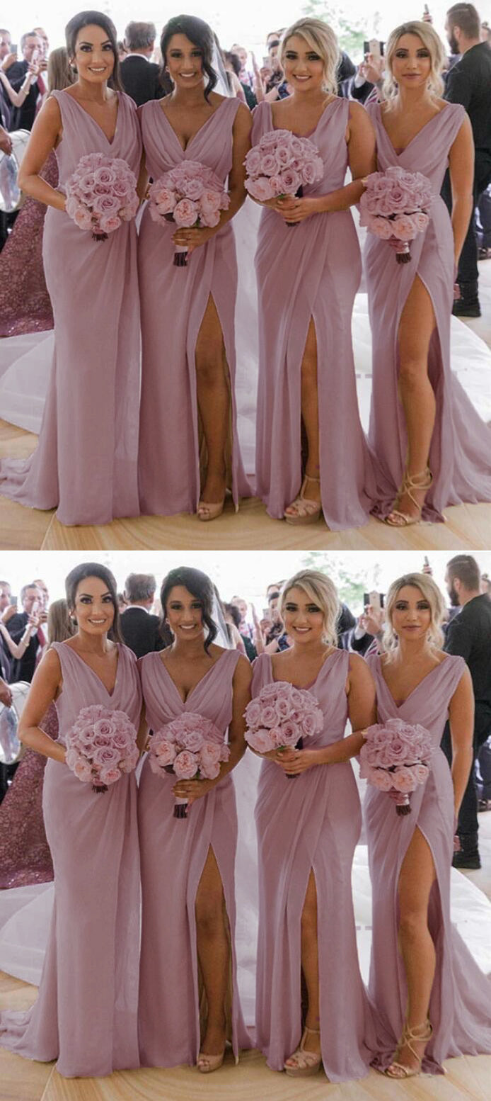 Pleated Chiffon Long Mermaid Slit Dusty Mauve Pink Bridesmaid Dress fo –  Siaoryne