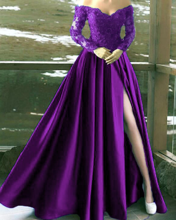 Elegante vestido de fiesta de satén y encaje con mangas largas color burdeos para mujer PL10410