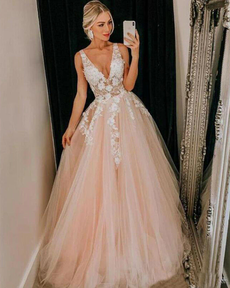Vestido de fiesta largo con escote en V, de tul, con flores, color rosa ruborizado y encaje, PL10413