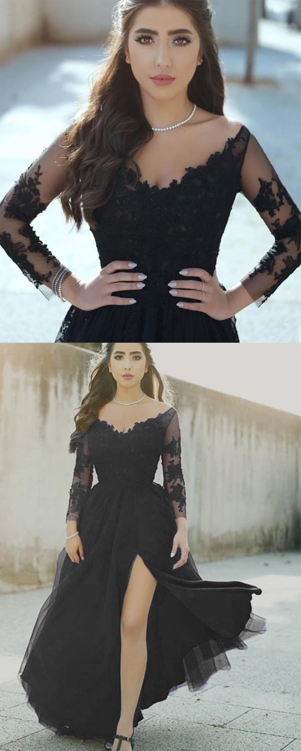Elegant Black Prom Dress Long Sleeves Lace and Tulle Formal Party Dres Siaoryne Elegant Black Prom Dress Long Sleeves Lace and Tulle Formal Party Dres Siaoryne