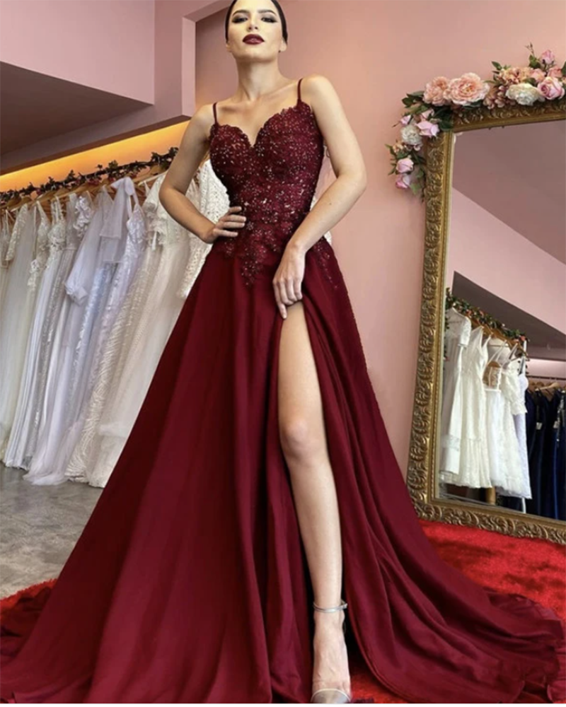 Burgundy Lace Long Women Evening Dresses with Slit PL22231 Siaoryne Burgundy Lace Long Women Evening Dresses with Slit PL22231 Siaoryne
