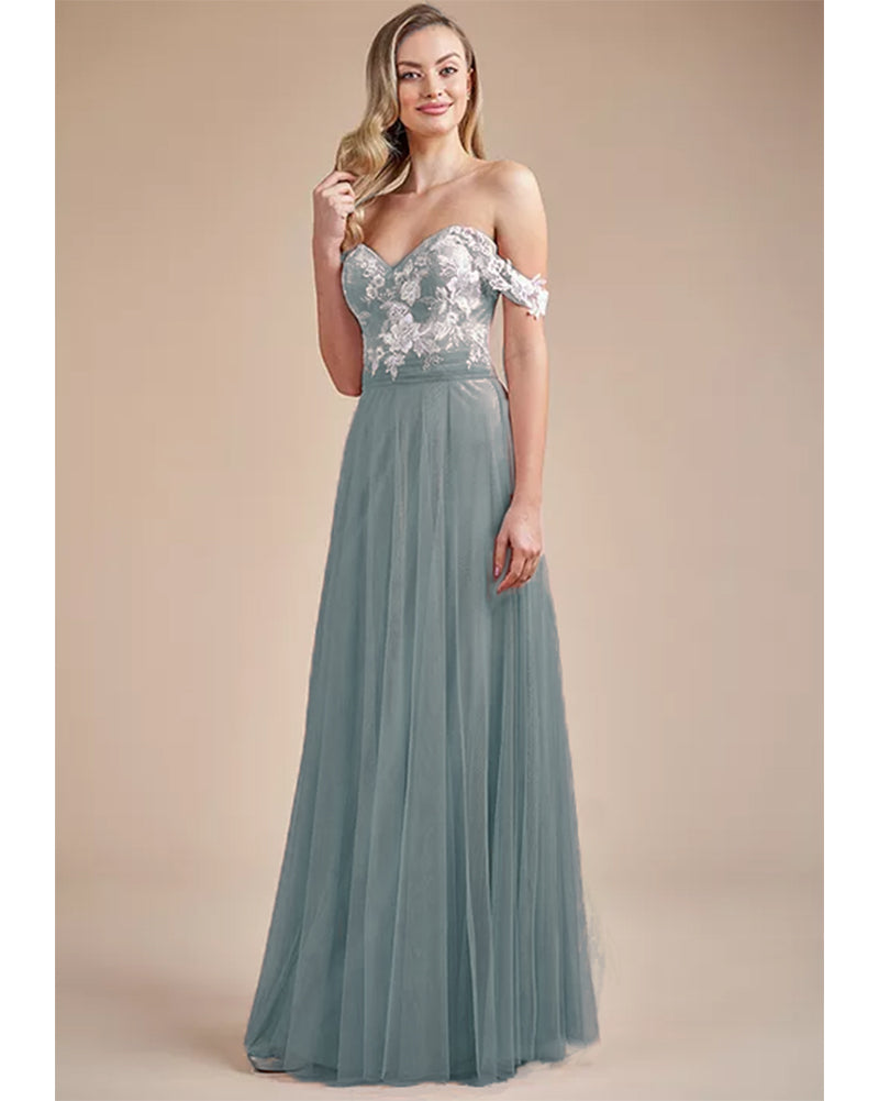 Vestido de dama de honor azul polvoriento, largo hasta los hombros, vestido de fiesta de dama de honor para boda LP10803
