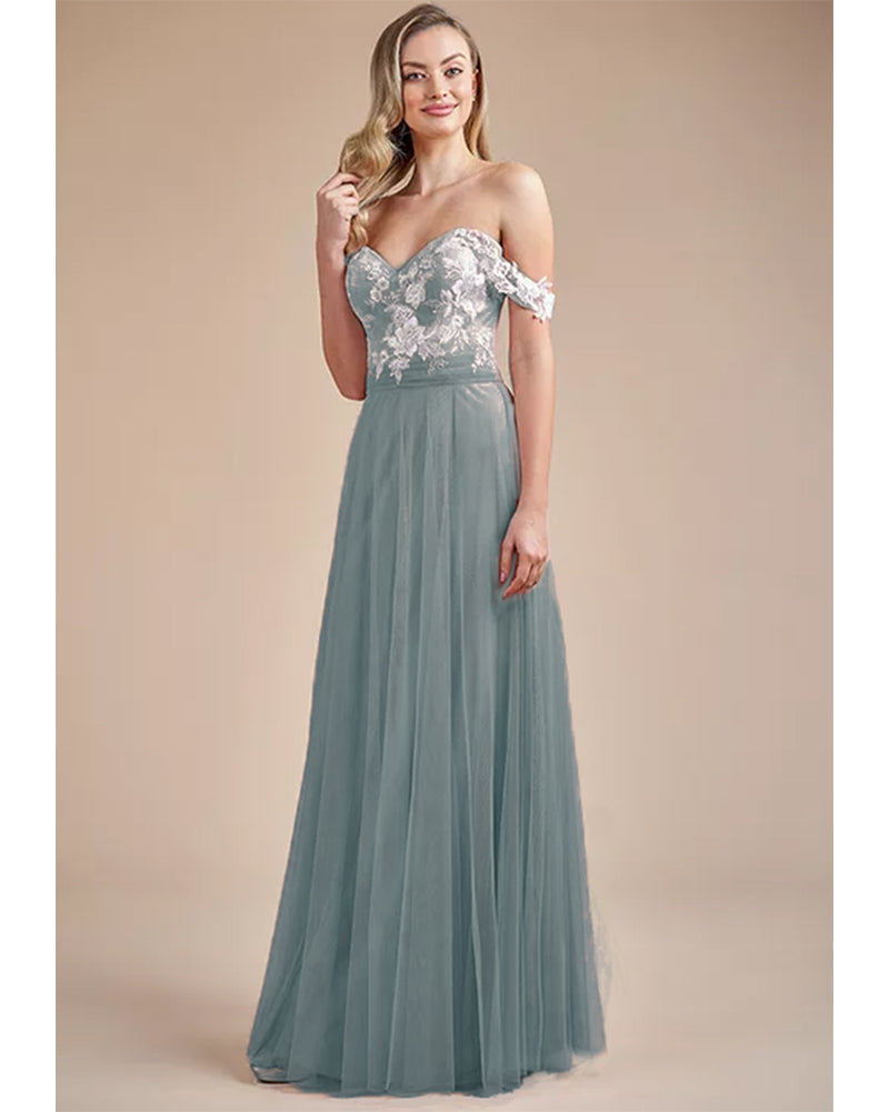 Dusty  blue Bridesmaid Dress Long off the shoulder Maid of Honor Party Wedding Gown LP10803