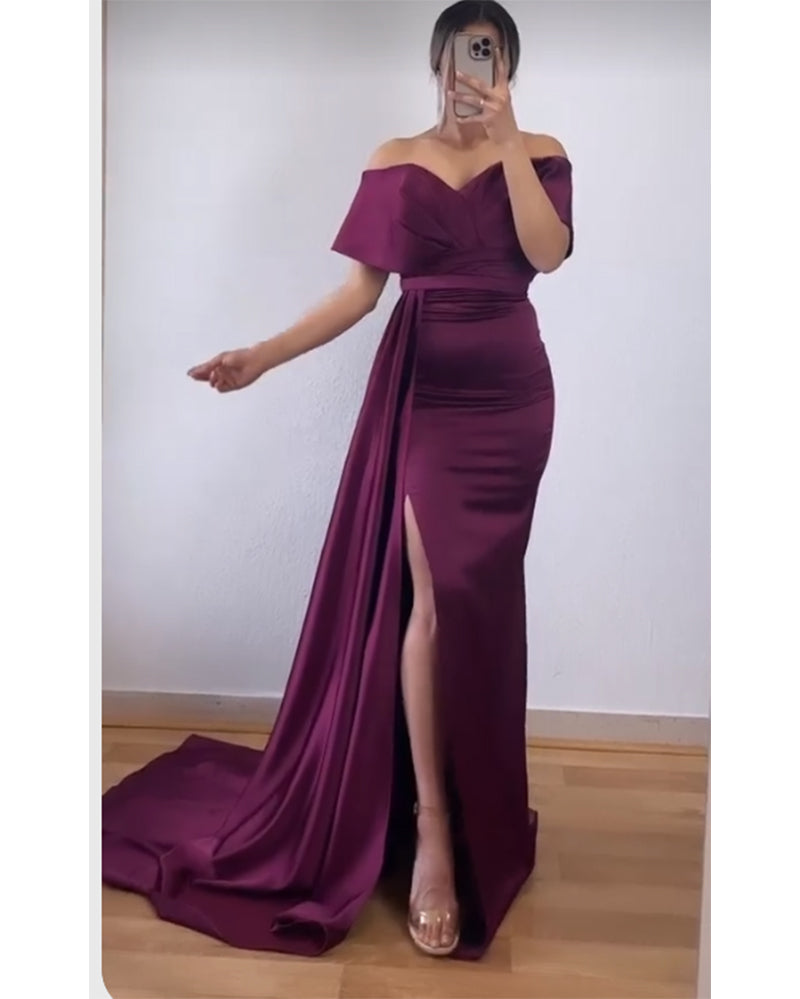 Plum Purple Fitted Long Evening Party Dress with Slit,Off the Shoulder Formal Wedding Bridesmaid Gowns with Train PL2819