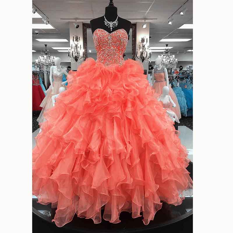 Coral Pink Princess Ball Gown Sweetheart Diamond Crystal Sweet 16 Pro Siaoryne
