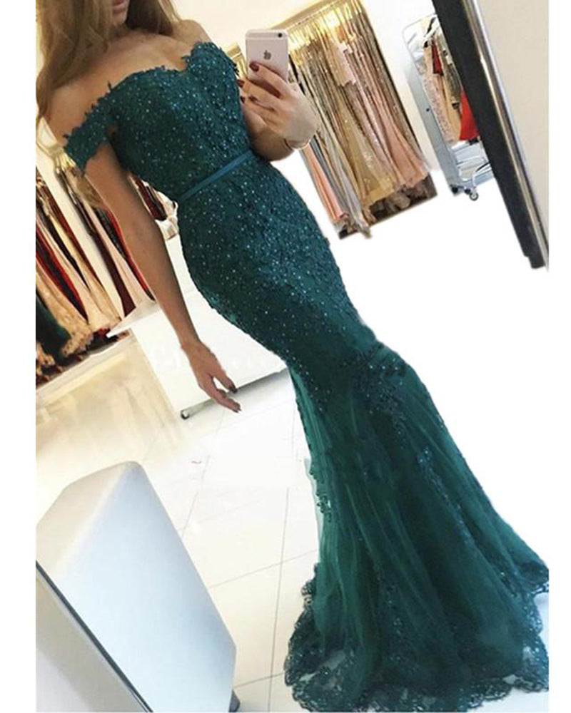 Vestido de fiesta de encaje verde oscuro con hombros descubiertos, vestido de noche formal estilo sirena LP364