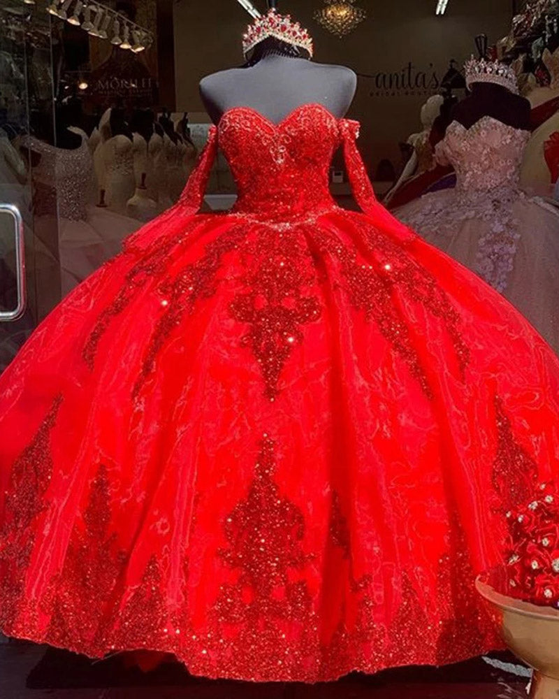 Robe de Quinceanera rouge en dentelle scintillante pour 15 ans, robe de soirée PL2329
