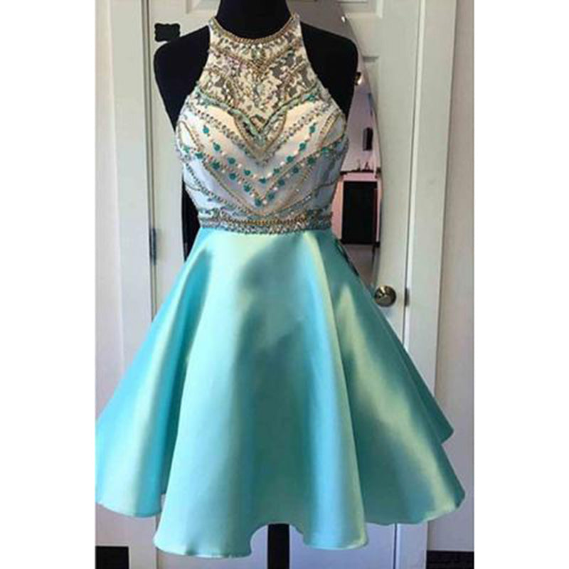 Blue Halter Short Prom Dress for Junior ,Blue Beaded A Line Semi Forma Siaoryne Blue Halter Short Prom Dress for Junior ,Blue Beaded A Line Semi Forma Siaoryne