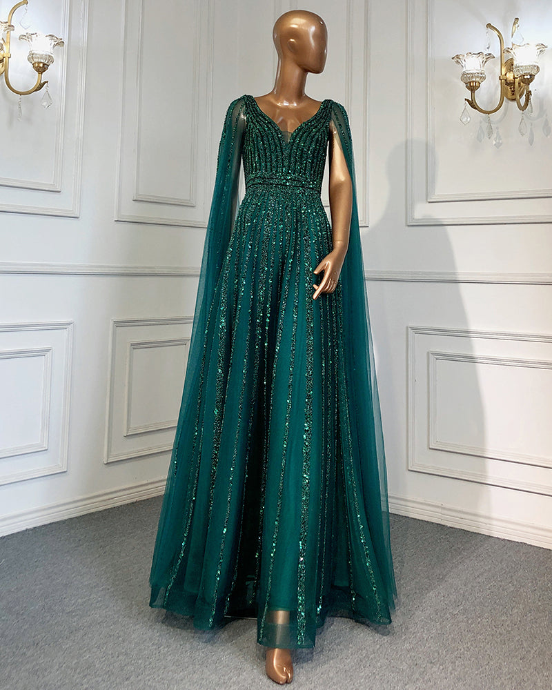 Vestido de noche largo árabe de lujo con lentejuelas y abalorios de color verde oscuro PL3129