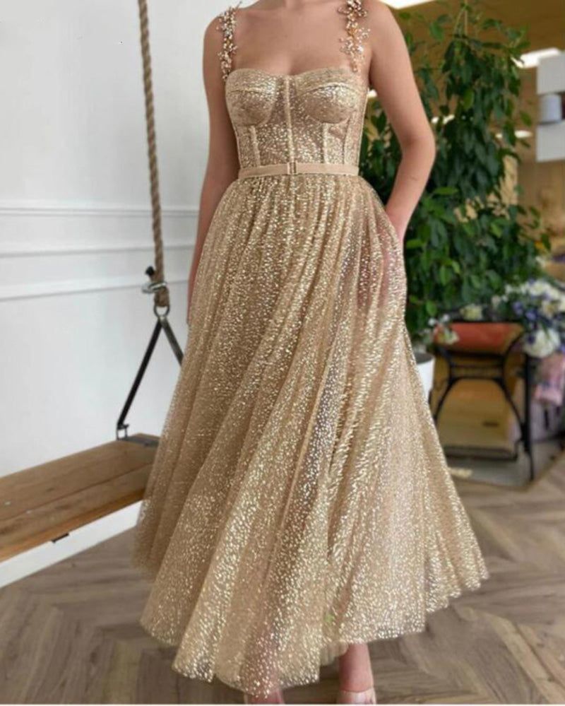 Siaoryne Gold Glitter Tea Length Prom Dresses Straps A Line Short Even