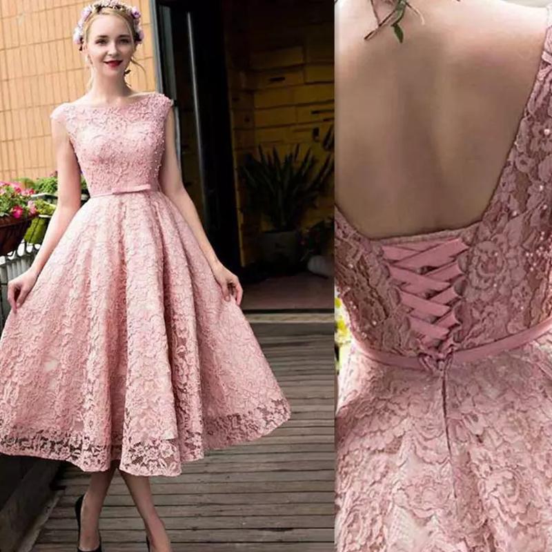 Classic Pink Short Sheath Lace Prom Dress with Sleeves main image 1