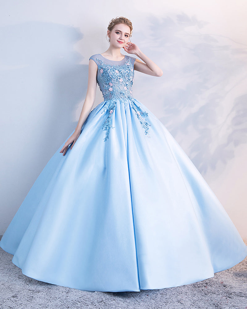 Sky Blue Cap Sleeves Beading and Floral Ball Gown Prom Dress,Sweet 16 Siaoryne Sky Blue Cap Sleeves Beading and Floral Ball Gown Prom Dress,Sweet 16 Siaoryne