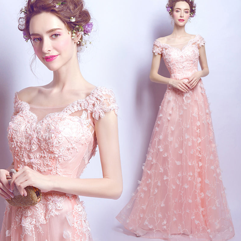 Gorgeous Coral Pink Short Sleeves Girl Prom Dresses Long with Lace Flowers 2020 Evening Party Gown LP6610