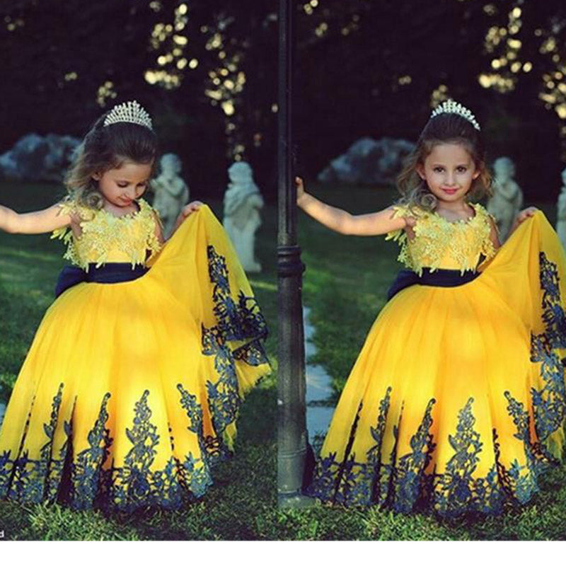 LP1332 Robe de demoiselle d'honneur jaune et noire Robe de concours pour enfant Robe de fête d'anniversaire pour petite fille en dentelle