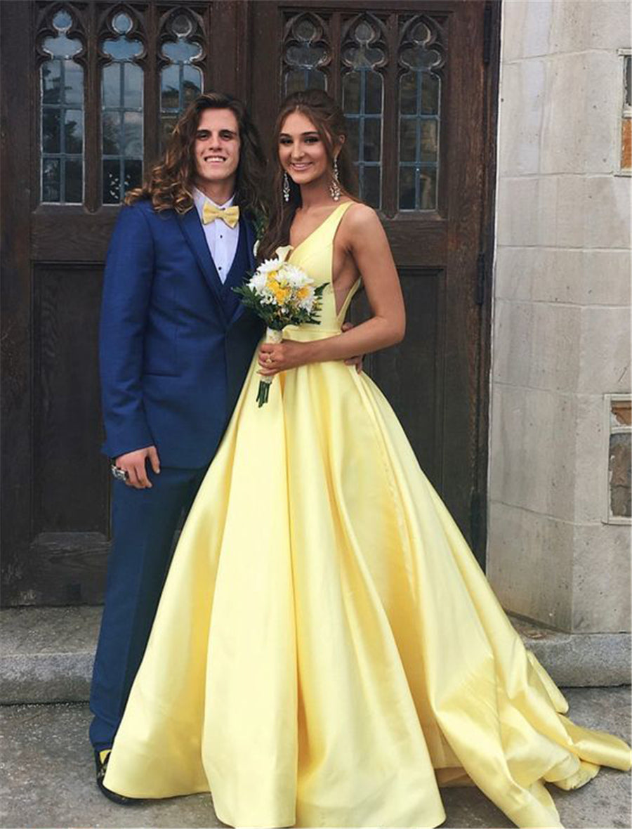 Yellow Long Satin Deep V Neck A Line Girls Formal Prom Gowns 2022 PL03 Siaoryne Yellow Long Satin Deep V Neck A Line Girls Formal Prom Gowns 2022 PL03 Siaoryne