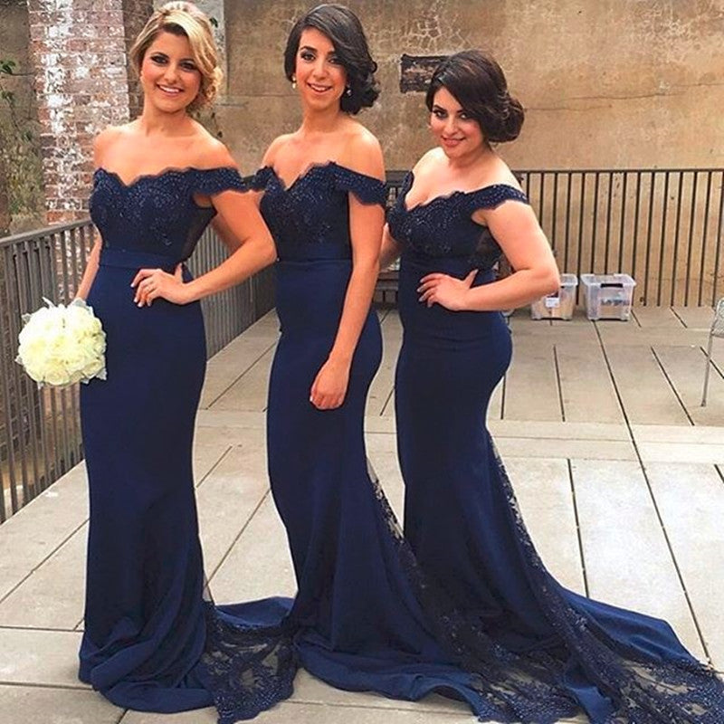 Elegant Lace Appliques Mermaid Off the Shoulder Bridesmaid Dress Navy Women Formal Gown