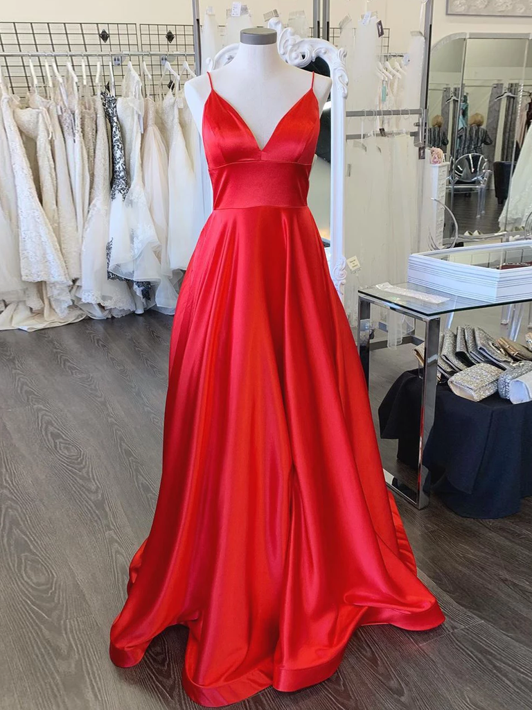 Glamorously V Neck Long Satin Red Evening Prom Dresses with Straps Long Graduation Gown PL011113